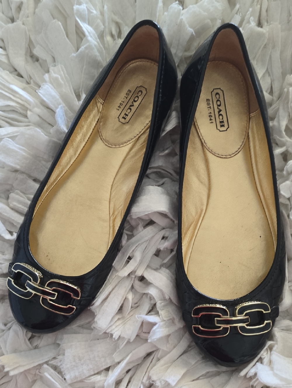 Coach Black Patent Leather Ballet Flats with Gold-Tone Chain